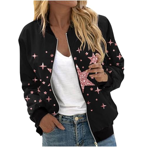 Übergangsjacke Damen Trendy Baseball-Kragen Jacken Glänzender Sternendruck College Mantel Langarm Reißverschluss Bomberjacke Frühjahr Sommer Freizeitjacke Teenager Mädchen Pilotenjacke Motorrad Jacke von AYSDSKI