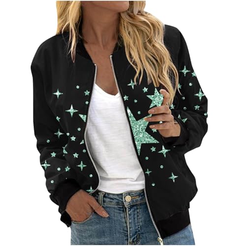 Übergangsjacke Damen Trendy Baseball-Kragen Jacken Glänzender Sternendruck College Mantel Langarm Reißverschluss Bomberjacke Frühjahr Sommer Freizeitjacke Teenager Mädchen Pilotenjacke Motorrad Jacke von AYSDSKI