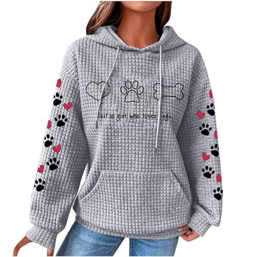 Waffel Hoodie Damen Hundepfoten Liebesdruck Pullover mit Kapuze Baggy Passform Kapuzenpullover Autumn Winter Kapuzenpulli Trendy Teenager Mädchen Bluse mit Taschen Black Friday Deals 2024 Sportshirt von AYSDSKI