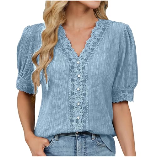 Warehouse Deal Bluse Damen Spitze Patchwork Oberteile Boho Sommerbluse Einfarbig T-Shirt V-Ausschnitt Pullover Lockere Falten Blusentop Elegant Frühjahr Sommer Kurzarm Tops Strandshirt Loungewear von AYSDSKI