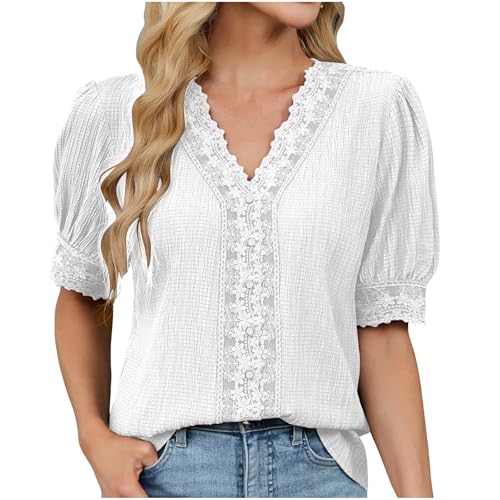 Warehouse Deal Bluse Damen Spitze Patchwork Oberteile Boho Sommerbluse Einfarbig T-Shirt V-Ausschnitt Pullover Lockere Falten Blusentop Elegant Frühjahr Sommer Kurzarm Tops Strandshirt Loungewear von AYSDSKI