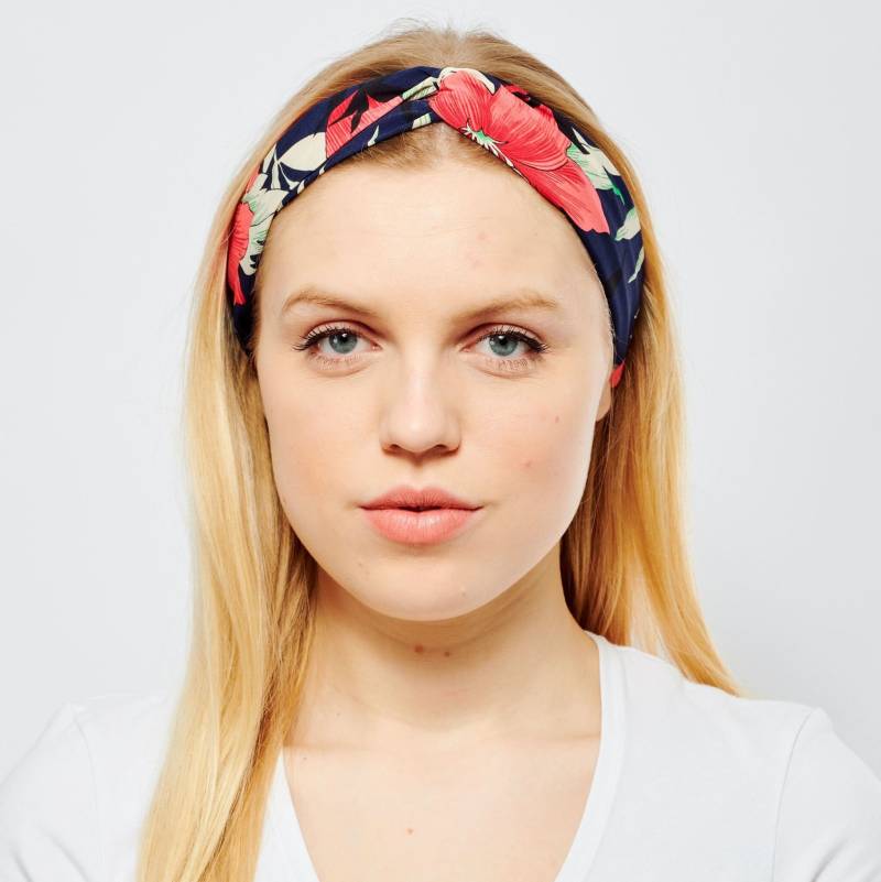 Räumungsverkauf Mode Stirnband Mädchen Oder Damen Größe Kleine Twisted Knot Floral Hibiskus Haarband in Navy Und Coral Pink von AYStudioUK