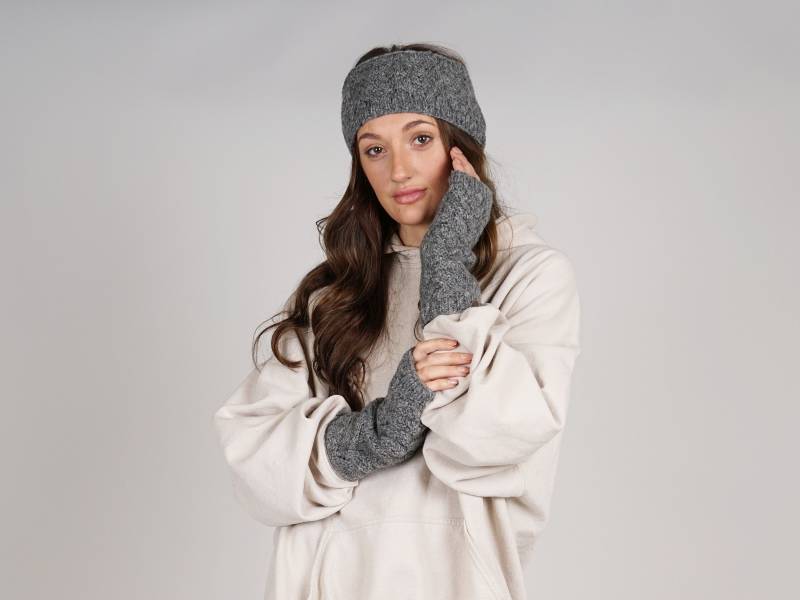 Räumung Stirnband & Pulswärmer Graue Wolle Fairtrade Handgestrickt Micro Fleece Futter von AYStudioUK