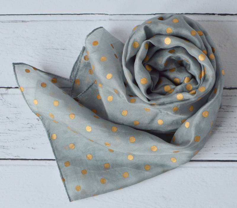 Seidenschal Grau Mit Goldfolie Polka Dot Print Chiffon Halstuch Oder Hair Wrap von AYStudioUK