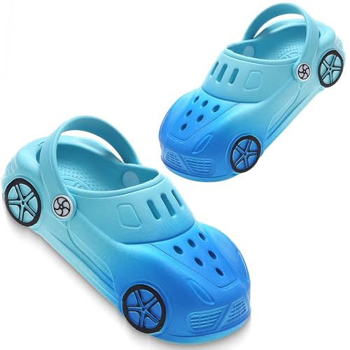 AYUEBO Unisex Kinder Clogs Jungen Mädchen Gartenschuhe Pantoffeln rutschfeste Gartenclogs Strand Gummi Hausschuhe Sommer Latschen,Auto-Blau,EU22/23 von AYUEBO
