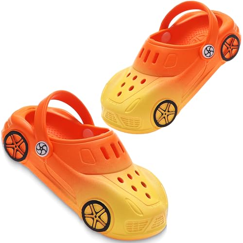 AYUEBO Unisex Kinder Clogs Jungen Mädchen Gartenschuhe Pantoffeln rutschfeste Gartenclogs Strand Gummi Hausschuhe Sommer Latschen,Auto-Orange,EU24/25 von AYUEBO