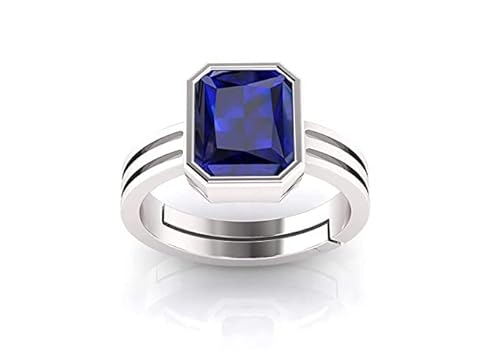 AYUSH GEMS Unbeheizter unbehandelter 5,00 Karat AAA+ Qualität natürlicher blauer Saphir Neelam versilbert verstellbarer Edelsteinring für Damen und Herren (Labor - zertifiziert), versilbert, blauer von AYUSH GEMS