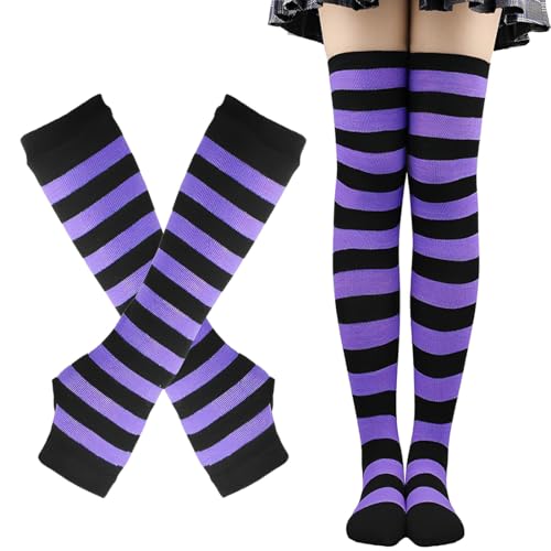 AYV 2 Paar Set Femboy Clothing,Gestreifte Lange Strickhandschuhe Kniehohe Streifen Socken,Halloween Handschuhe Socken,Armwärmer Gestreift Fingerlose Handschuhe,Party-Kostüm von AYVRUOP