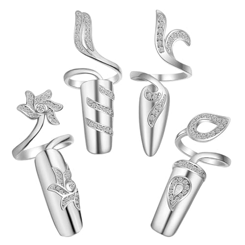 AYVRUOP AYV Fingernagelring,4 Stück Fingerdekoration,Nagel Ring,Nagelringe,Ringnägel für Frauen,Fingernagel-Schmuck-Dekorationen für Partys,Hochzeiten,Silber,Verstellbare von AYVRUOP