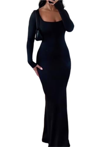 AYWA Damen Langarm Quadratischer Ausschnitt Maxikleid Gerippt Gestrickt Weich Lounge Bodycon Kleid, Schwarz, Klein von AYWA