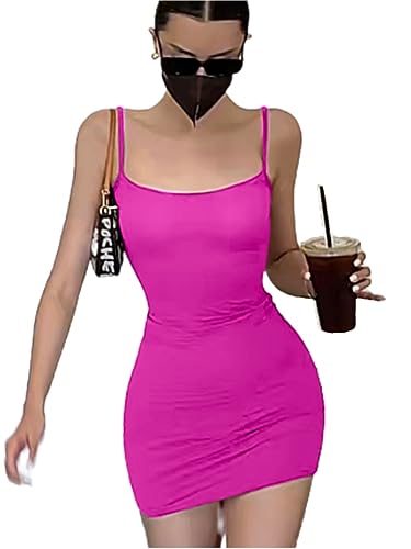 AYWA Damen Soft Bodycon Slip Tank Kleid Casual Gerippt Basic Mini Party Club Kleider, Knallpink (Hot Pink), XX-Small von AYWA