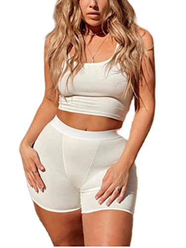 AYWA Lässige Workout-Sets Zweiteilige Outfits für Frauen Geripptes bauchfreies Tank Top Hohe Taille Leggings Active Wear, Bone-Shorts, L von AYWA