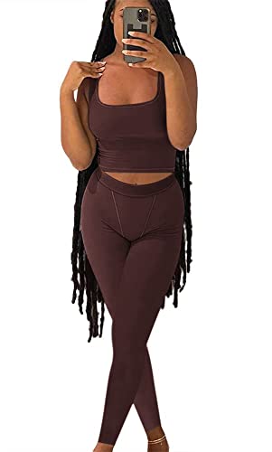 AYWA Lässige Workout-Sets Zweiteilige Outfits für Frauen Geripptes bauchfreies Tank Top Hohe Taille Leggings Active Wear, Cocoa, Small von AYWA