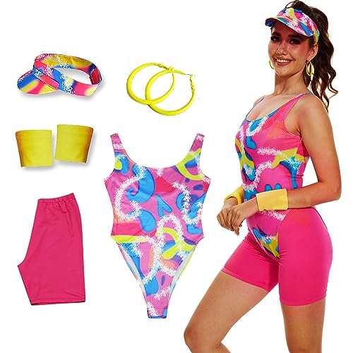 AYYOHON 80er-Jahre-Trainingskostüm, Gymnastikanzug, Leggings, Armbänder, Sonnenblende, Ohrringe, Set, Damen, Halloween, Cosplay, Größe 3XL von AYYOHON