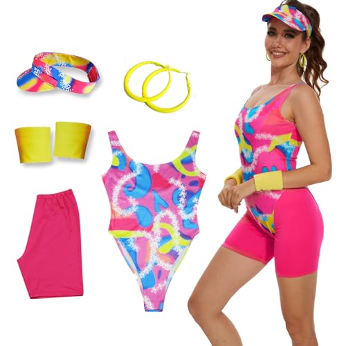 AYYOHON 80er Jahre Workout Kostüm Outfit Trikot Leggings Armbänder Sonnenblende Ohrringe Set Halloween Frauen Margot Robbie Cosplay L von AYYOHON