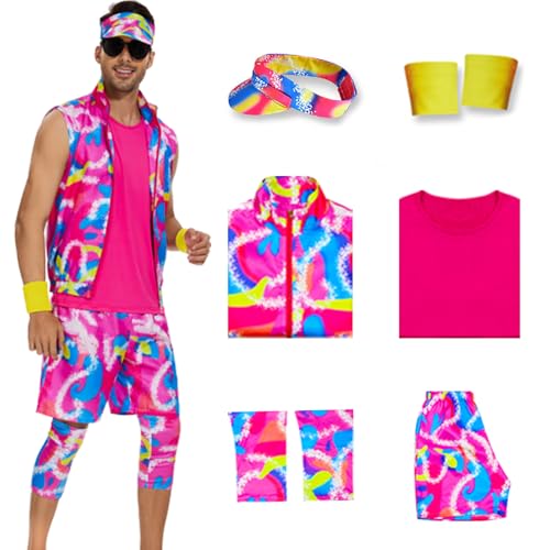 AYYOHON Herren 80er-Jahre-Trainingskostüm, ärmellose Jacke, T-Shirt, Shorts, Set mit Beinwärmern, Armbändern, Visier, Halloween, Ken, Cosplay, XS von AYYOHON