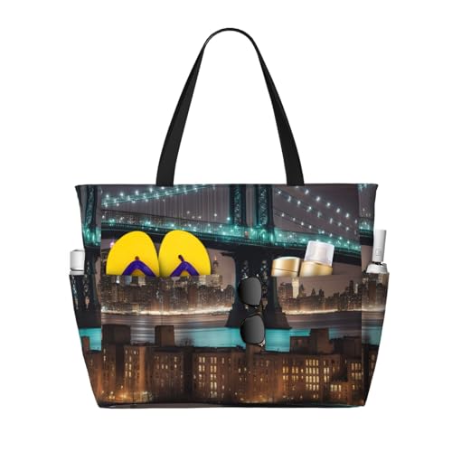 AYYQWE New York Manhattan Bridge Night Print Beach Tote Stylish Weekend Bag Reusable Lightweight Gym Picnic Camping Women Men von AYYQWE