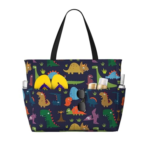 AYYQWE Strandtasche mit Dinosaurier-Palmblatt-Druck, stilvolle Wochenendtasche, wiederverwendbar, leicht, Fitnessstudio, Picknick, Camping, Damen und Herren von AYYQWE