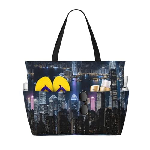 Aerial Night of View Hong Kong Print Beach Tote Stylish Weekend Bag Reusable Lightweight Gym Picnic Camping Women Men von AYYQWE