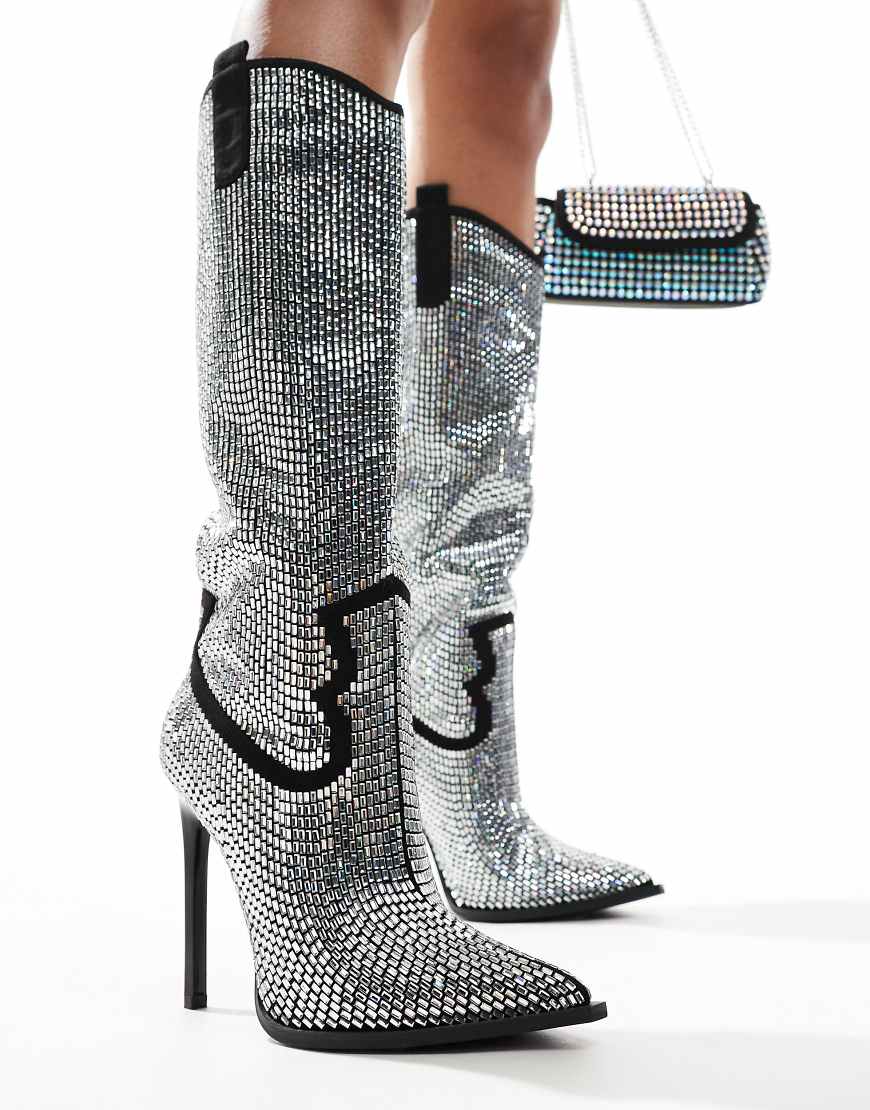 Azalea Wang - Heidemarie - Kniehohe, verzierte Westernstiefel in Schwarz und Silberoptik von AZALEA WANG