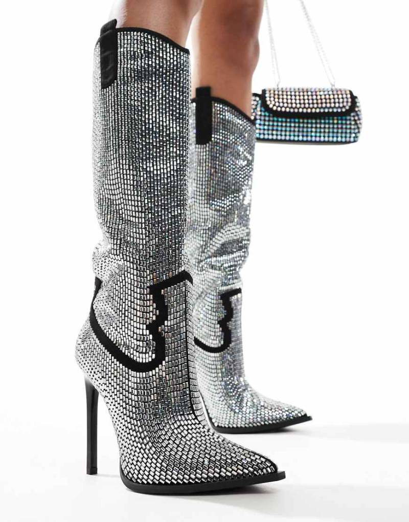 Azalea Wang - Heidemarie - Kniehohe, verzierte Westernstiefel in Schwarz und Silberoptik von AZALEA WANG