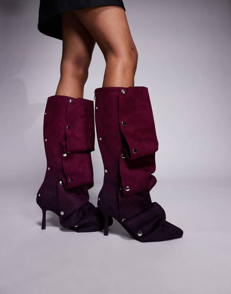 Azalea Wang - Imogine - Kniehohe Stiefel in Lila mit Stilettoabsatz und Nietenbesatz von AZALEA WANG