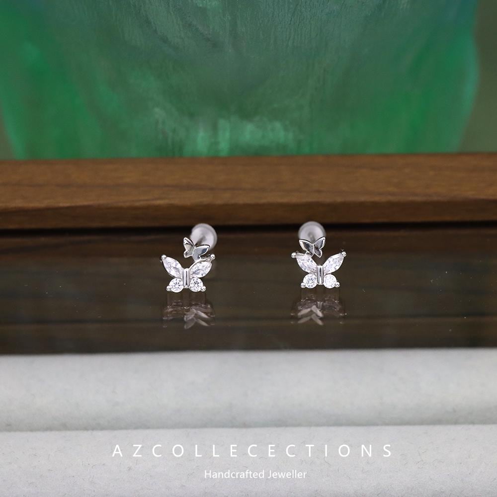 S925 Sterling Silber Feinsilber Bowknot Zirkonia Ohrstecker - Doppel Schmetterling Design von AZCollecections