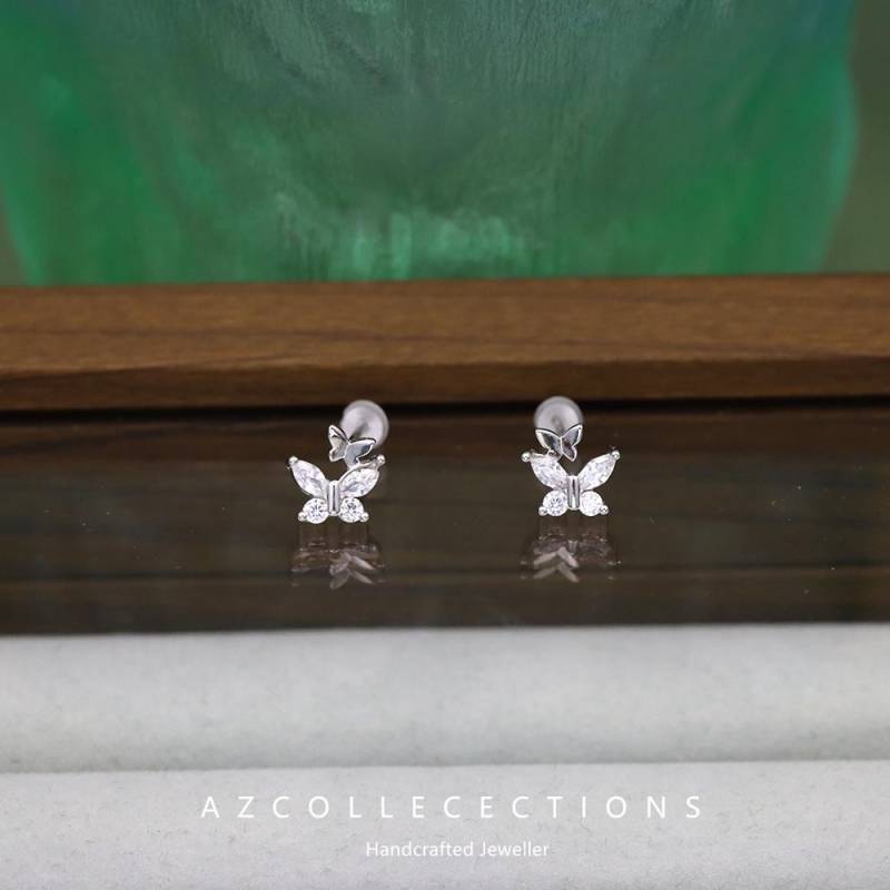 S925 Sterling Silber Feinsilber Bowknot Zirkonia Ohrstecker - Doppel Schmetterling Design von AZCollecections