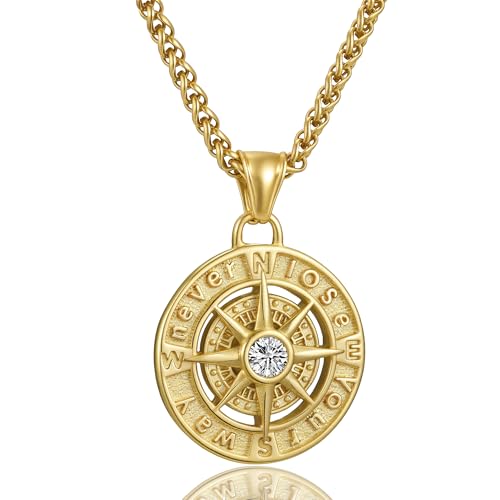AZFVBQL Kompass-Halskette für Männer und Frauen, inspirierender Schmuck, Edelstahl, Kompass-Anhänger, Geschenke, 1.65*1.18inch, Edelstahl, Kein Edelstein von AZFVBQL