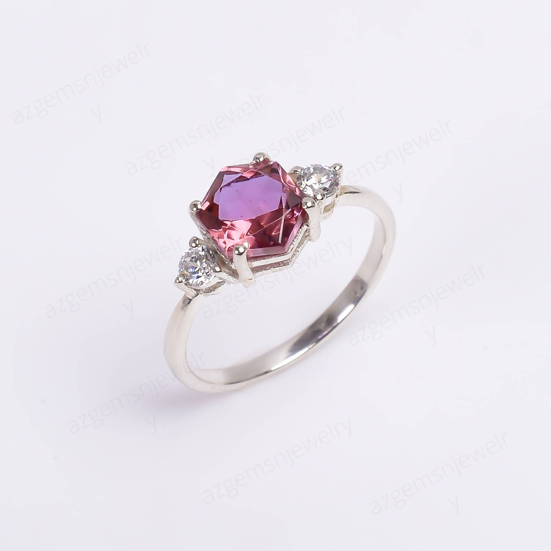 Rosa Turmalin Silber Ring, Edelstein-925 Sterling Silber-Für Frauen-7x7mm Hexagon-Verlobungsring-Jahrestag Geschenk-Versprechen Ring Für Sie von AZGEMSNJEWELRY