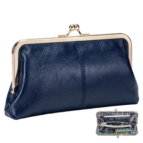 AZIDWERYQ Kiss Lock Wallet für Frauen, Leder-Vintage-Brieftasche mit Reißverschlussmünzentasche, Multi-Karten-Slots-Kartenhalter, dunkelblaue weiche Lederbrieftaschen für Frauen von AZIDWERYQ