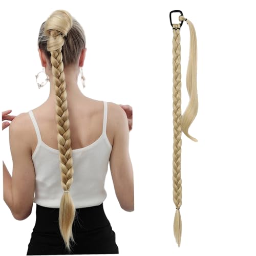 Blonde Haarverlängerungen 32 Zoll Straight Blonde Pferdeschwanzverlängerung mit Haarbinden weiche synthetische Haarstücke für Frauen tägliche Verschleißverlängerungen von AZIDWERYQ