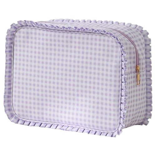 Gingham Rüschen Make -up -Tasche Große Reise süße Kosmetiktasche für Frauen Mädchen, Rüschenbeutel -Toiletten -Make -up -Organisator (lila) von AZIDWERYQ