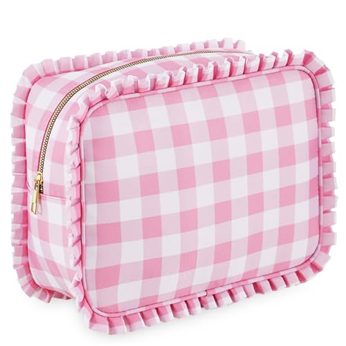 Gingham Ruffle Make -up -Tasche, tragbare Reißverschlussbeutel, süße Make -up -Tasche für Frauen Mädchen, kosmetischer Organisator für die Schule im Freien im Freien von AZIDWERYQ