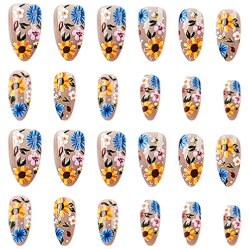 Mittelmandelpresse auf Nägeln 3D, Daisy Flower Design Herbstpresse auf Nägeln Vollende Abdeckung für Frauen und Mädchen Mandel von AZIDWERYQ