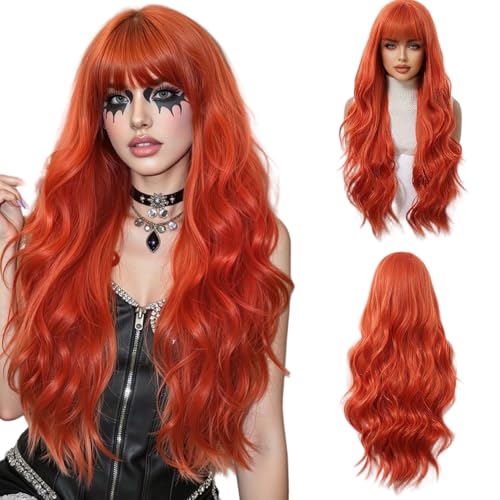 Orange Perücken für Frauen 28 wellige lange orange Perücken hitzebeständige einstellbare Halloween -Kostüm für Party Cosplay Club Ingwer Perücke von AZIDWERYQ
