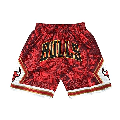 AZISEN Basketball Hose Herren, Chicago Bulls Retro Basketball Shorts Activewear-Shorts für Herren Sporthose Herren Kurz mit Tasche Sports Training Fans Sommershorts Basketball Trikot Herren (Rot,L) von AZISEN