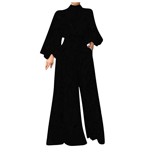 AZISEN Jumpsuit Damen, Boho Latzhosen Weitem Bein Overalls Einteilige Jumpsuits Langarm hängender Hals Strapser mit Taschen Hohe Taille Elegante Weite Bein Hosen Jumpsuit Jumpsuit Damen (Schwarz,L) von AZISEN