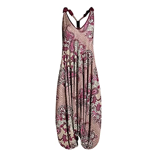 AZISEN Jumpsuit Kostüm, Overall Damen Einteiliger Jumpsuit für Damen Rückenfreier V-Ausschnitt Ärmelloser Spielanzug Locker Bedruckter Baggy Langer Jumpsuit Hose Jumpsuit Damen Kuschelig (Pink,L) von AZISEN