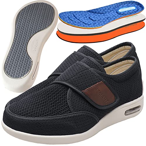 AZMAHT Diabetiker Schuhe Herren Orthopädische Hausschuhe Extra Weit Freizeitschuhe Verbandsschuhe Hallux Mit Klettverschluss Breiter, Schwarz, 39EU von AZMAHT