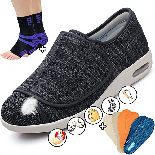 AZMAHT Orthopädische Schuhe Damen Extra Weit Herren Schuhe Klettverschluss Breit Slipper Valgus Diabetiker Hausschuhe mit Kompressionsstrümpfe und 3 Paar Einlegesohlen,Black Grey,38EU von AZMAHT