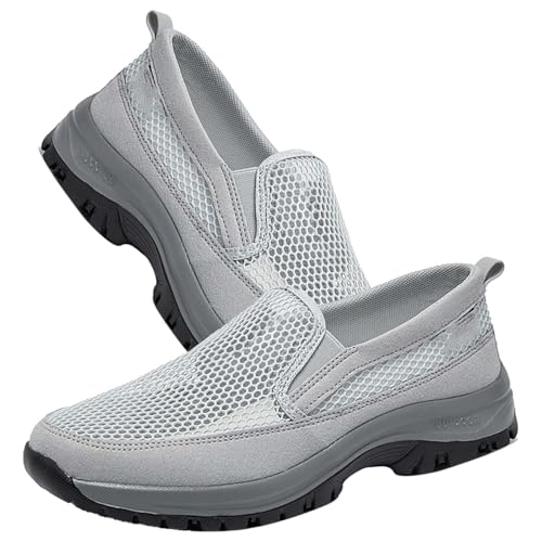 AZMAHT Slip On Walking Schuhe Herren Sommerschuhe zum reinschlüpfen Freizeit Leichte Luftkissen Mesh Turnschuhe Atmungsaktive rutschfeste Wanderschuhe,Grau,46/280mm von AZMAHT