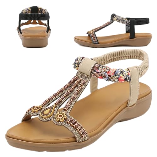 AZMAHT Strand Sandalen Bunt Strass Knöchelriemchen Freizeit Urlaub rutschfest Sommer Frau Orthopädisch Gemütliche Sandalen Sommer Slingback Barfuß-Gefühl Pantoletten,Apricot,38/240mm von AZMAHT