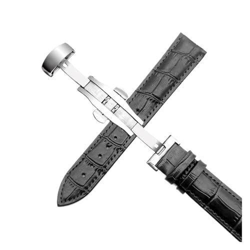 AZSHIW Kompatibel mit Business Casual Schwarz Braun Kalbsleder Uhrenarmband Schmetterlingsschnalle Krokodilmuster Armband 18 20 22 24 mm(Black Silver,18mm) von AZSHIW