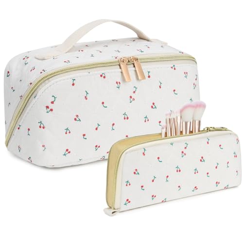 AZURAOKEY 2 Stück Gesteppte Make-up-Tasche mit Blumenmuster, Kosmetiktasche mit Trennwand und Griff, Kulturbeutel, großes Fassungsvermögen for Frauen und Mädchen von AZURAOKEY