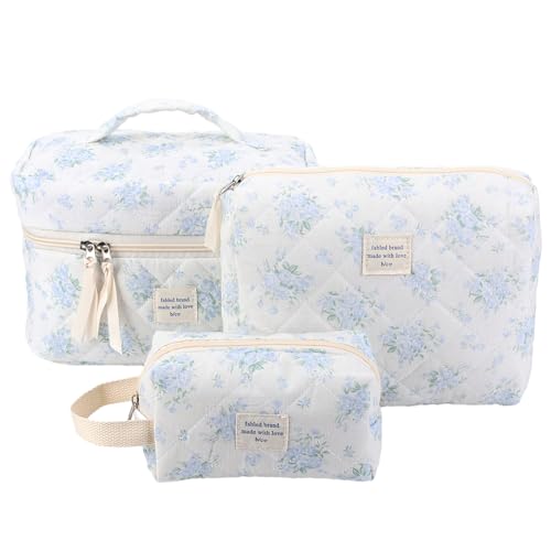 AZURAOKEY 3-teilige Gesteppte Make-up-Tasche aus Baumwolle, Bedruckte Damen-Kulturtasche mit kokettem ästhetischem Blumenmuster, niedliches Blumen-Make-up-Reisetaschen-Set von AZURAOKEY