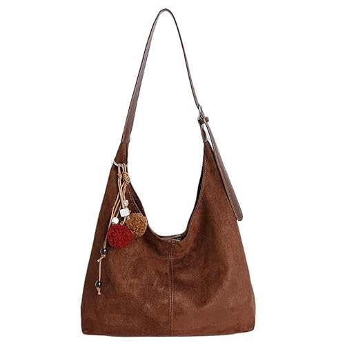 AZURAOKEY Braune Wildledertaschen for Damen 2025, Lässige Damen-Wildleder-Schultertasche mit Anhänger for den Winter und Herbst 2025, stilvolle Handtaschen for die kalte Jahreszeit von AZURAOKEY