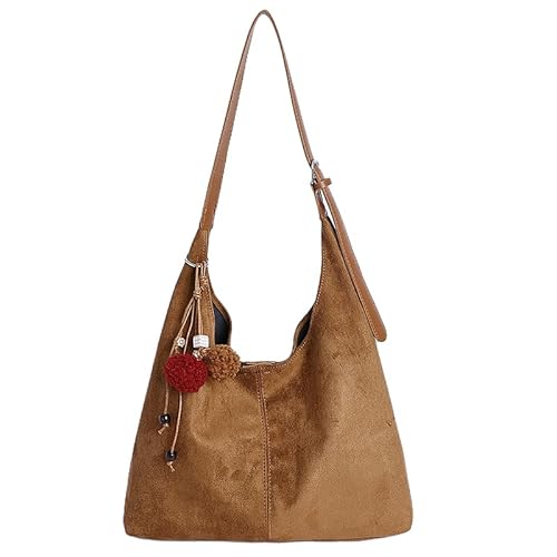 AZURAOKEY Braune Wildledertaschen for Damen 2025, Lässige Damen-Wildleder-Schultertasche mit Anhänger for den Winter und Herbst 2025, stilvolle Handtaschen for die kalte Jahreszeit von AZURAOKEY