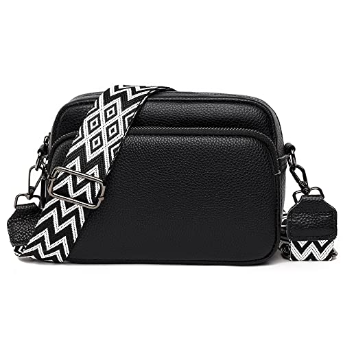 AZURAOKEY Echtes Leder Crossbody Tasche for Frauen Verstellbarer Breiter Gitarrengurt Umhängetasche Trendy Crossbody Kameratasche, Schwarz von AZURAOKEY