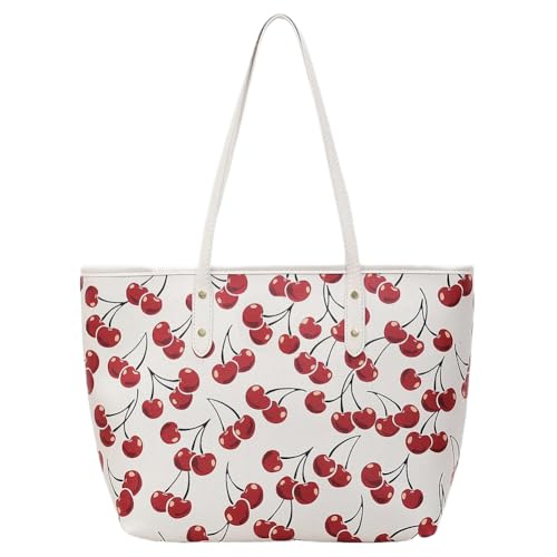 AZURAOKEY Frauen Leder Obst -Umhängetasche Großer Einkaufstasche Top Grifftasche (weiße Kirsche) von AZURAOKEY